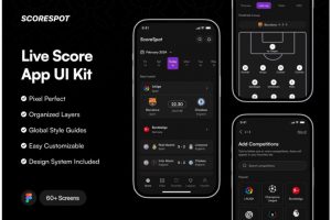 60+屏暗黑风格体育运动赛事篮球足球比分直播APP应用程序UI界面设计Figma模板套件