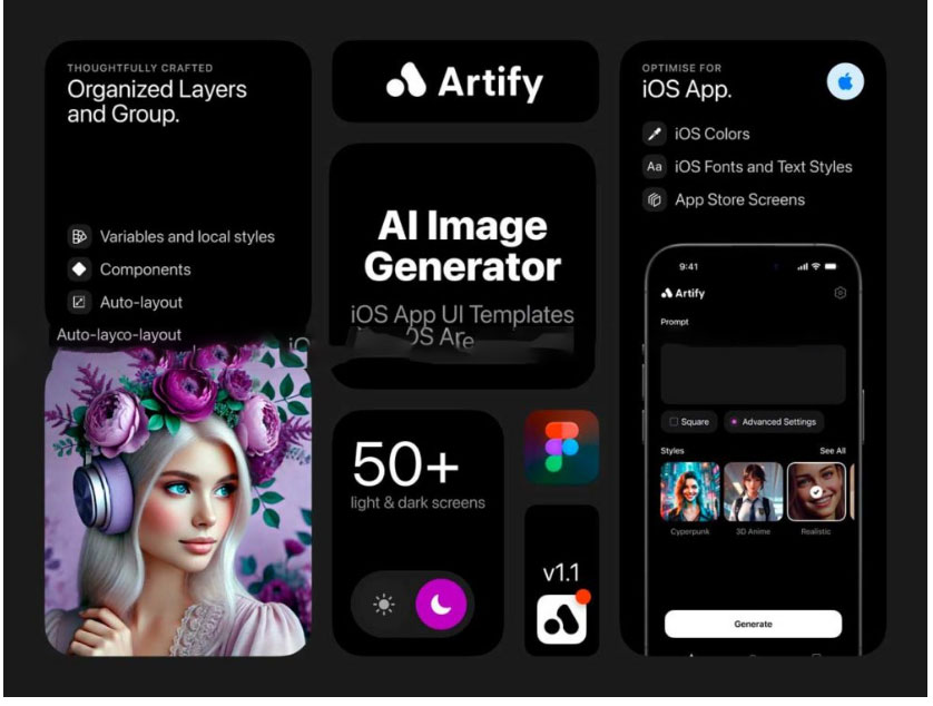 50+屏双配色AI智能图像生成器iOS APP应用程序UI界面设计Figma模板套件_琦美素材库,让您的设计少走弯路~