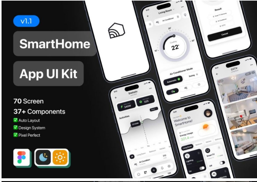 70屏高级智能家居物联网应用程序app ui界面设计figma模板套件_琦美素材库，让您的设计少走弯路~