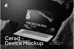 创意岩石背景黑化风苹果MacBook Pro展示效果图PS贴图样机模板素材