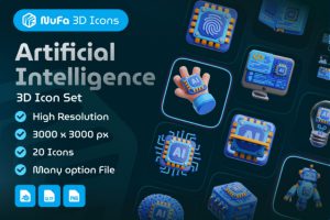 20款高级AI人工智能芯片大脑3D插图图标Icons设计Blender_PNG格式素材