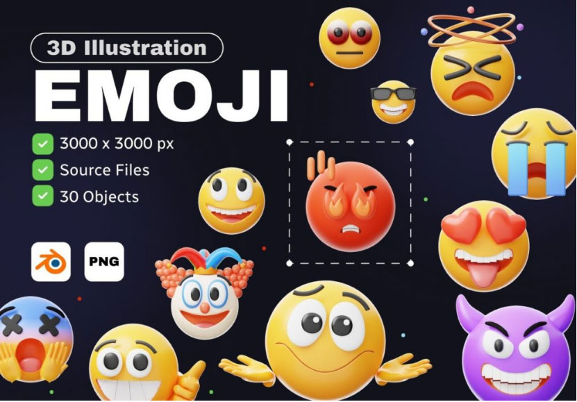 30款卡通趣味创意Emoji表情包3D图标插图Icons设计Blender_PNG格式素材_琦美素材库，让您的设计少走弯路~