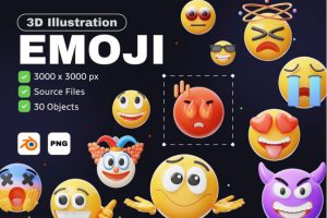 30款卡通趣味创意Emoji表情包3D图标插图Icons设计Blender_PNG格式素材