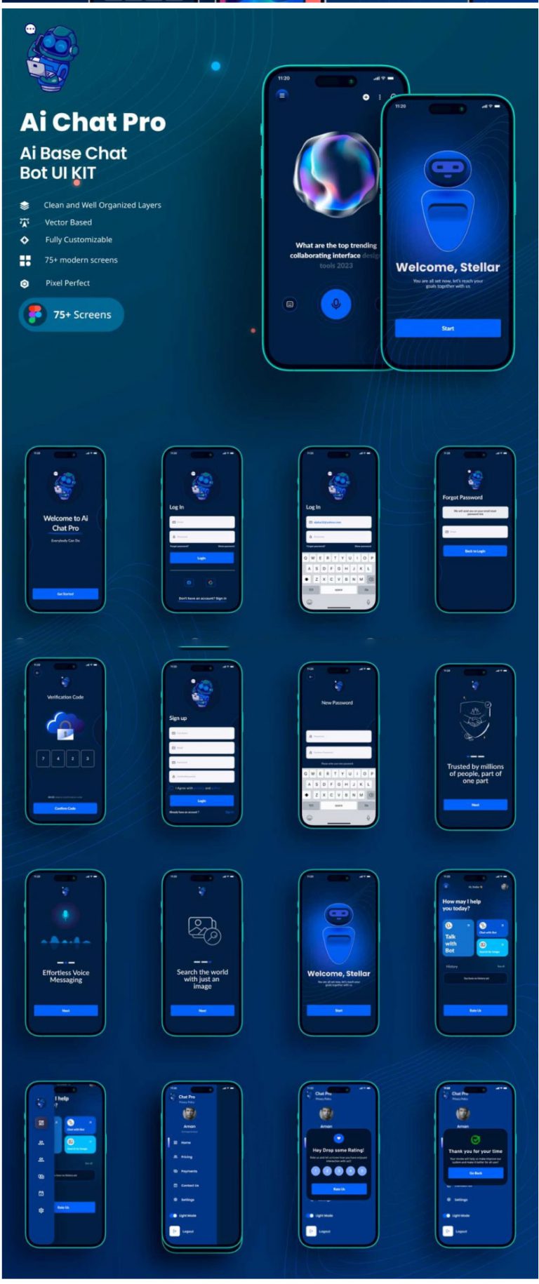 75+屏双配色Ai智能聊天机器人APP UI界面设计Figma模板素材_琦美素材库,让您的设计少走弯路~