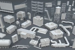 Blender建筑屋顶水箱楼梯3D模型通风设备广告牌管道烟囱白模无纹理