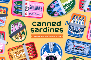 复古涂鸦风沙丁鱼罐头海鲜食品无缝图案背景扁平化AI矢量图形素材