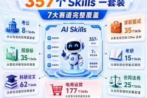2026最新七赛道AISkills合集考公考研求职科研招投标法务电商运营Agent、Codex、Claude Code、WorkBuddy、通义千问等~1595期