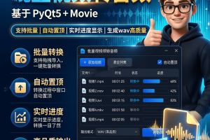 批量视频转音频支持批量MP4转MP3工具自动置顶实时进度显示生成wav高品质~1624期